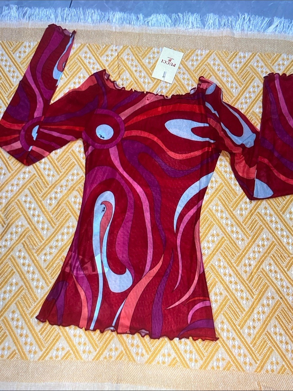 -Inspired Red Swirl Long-Sleeve Mesh Top - Picture 3 of 10